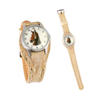 Reloj malla entera de cuero crudo con tejido de borde para dama