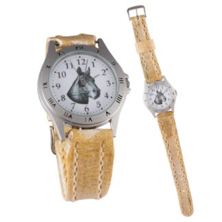 Reloj malla partida de cuero crudo con tejido de borde para dama