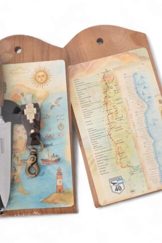 Juego de Cuchillo 14 cm Marca Schmieden Madera y virolasLlavero de cuero Y tabla Madera en Blister