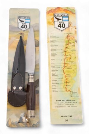 Cuchillo Inoxidable PAMPEANA con Vaina de Cuero cabo de Madera y Alpaca en Blister