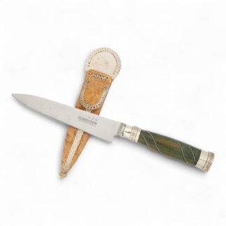 Cuchillo Hoja Acero Inox. Schmieden 14 Cm Encabado En Madera Palo Santo Con Copas y Alambre Doble En Alpaca y Vaina De Cuero Crudo
